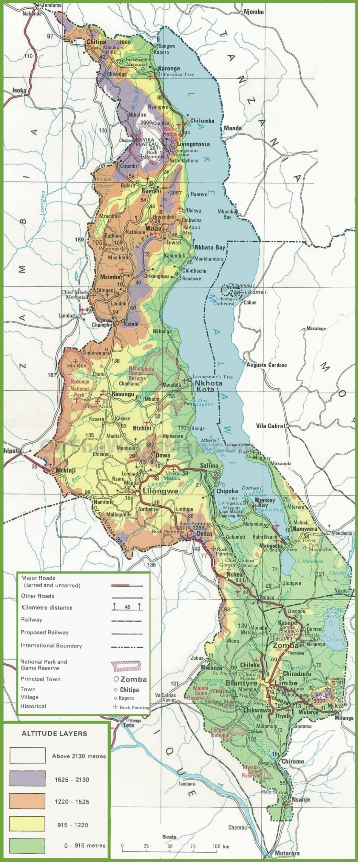 kaart füüsiline kaart, Malawi