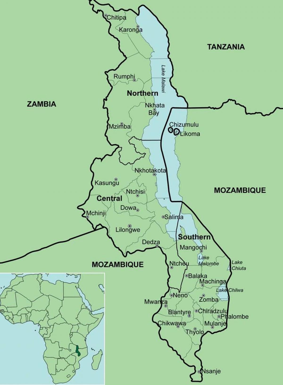 kaart, Malawi, mis näitab linnaosades