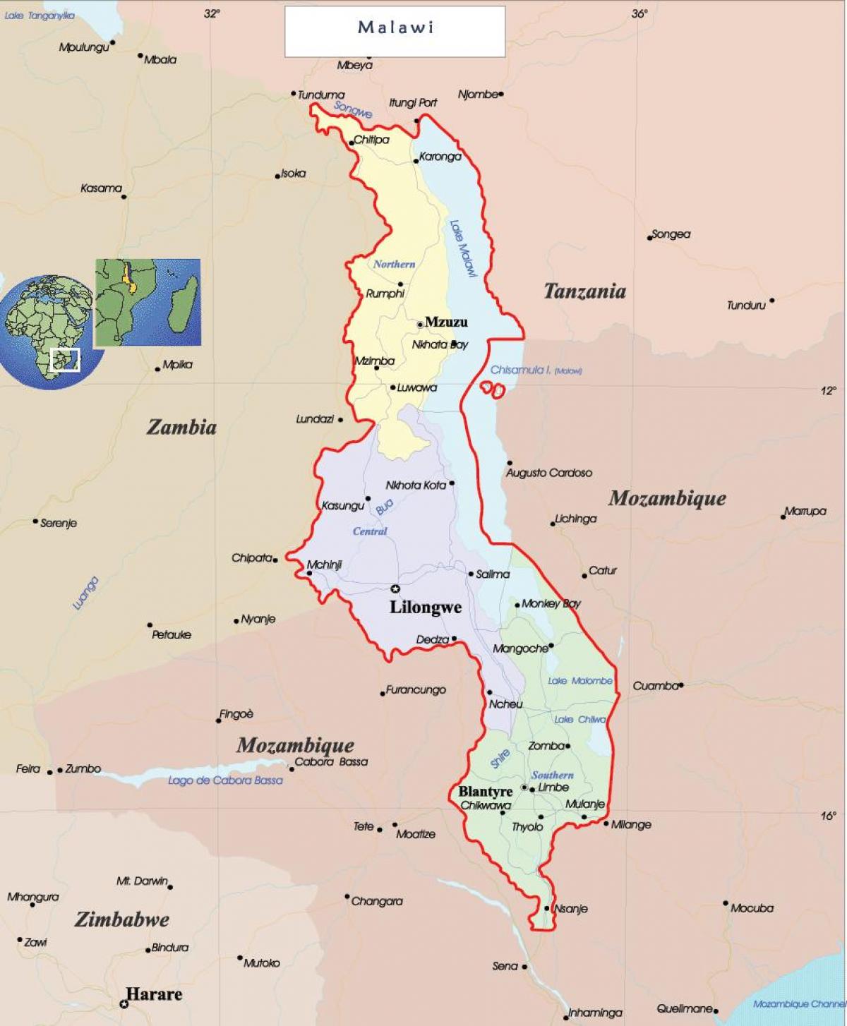 kaart Malawi poliitilise
