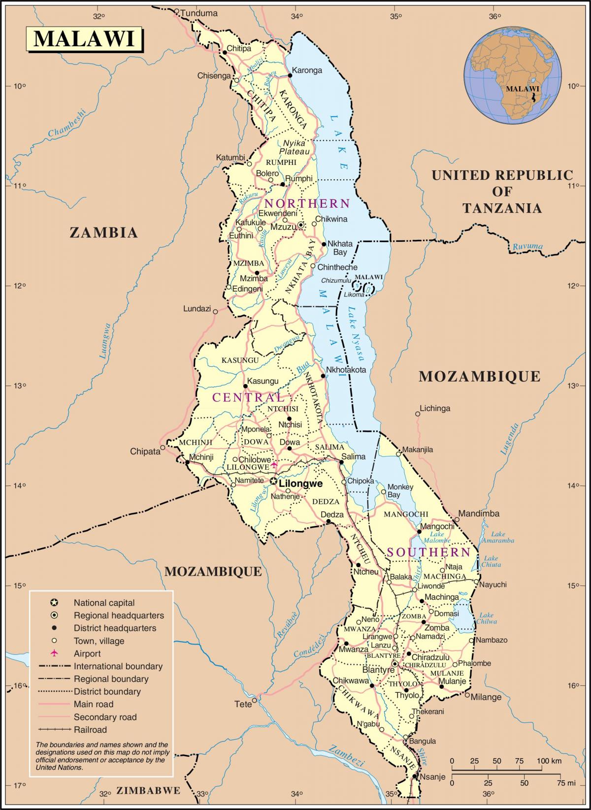 kaart, Malawi, mis näitab teed